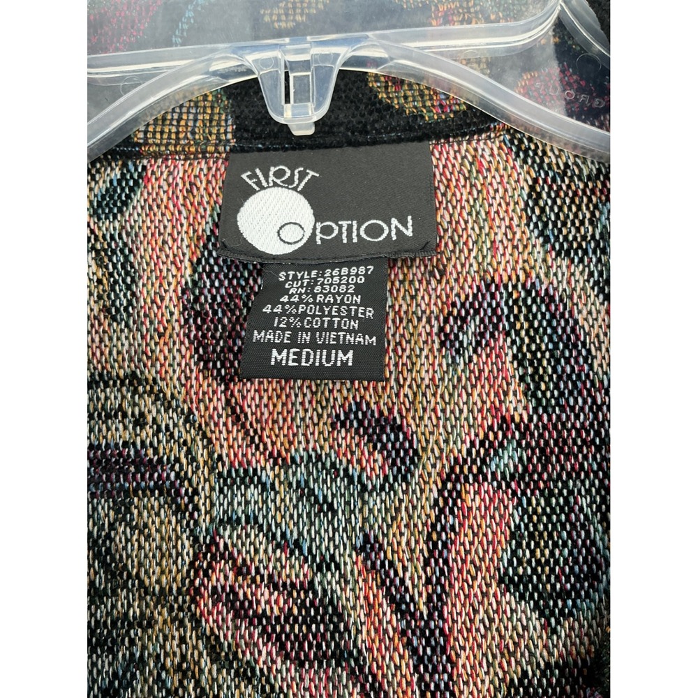First Option Tapestry Jacket Women Medium Black Floral Frog Button Art To Wear - Picture 3 of 7